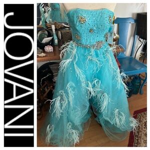Jovanni Turquoise Embellished Feather Prom Dress